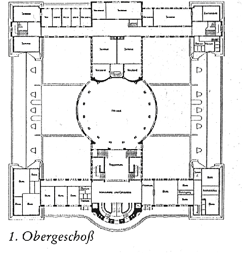 Grundri&szlig; des 1. Obergeschosses des Hauptgeb&auml;udes der Universit&auml;t Hamburg (Abb. aus: Brandenburger, Dietmar und K&auml;hler, Gert (Hrsg.): Architektour - Bauen in Hamburg seit 1900, 1988, S. 61)